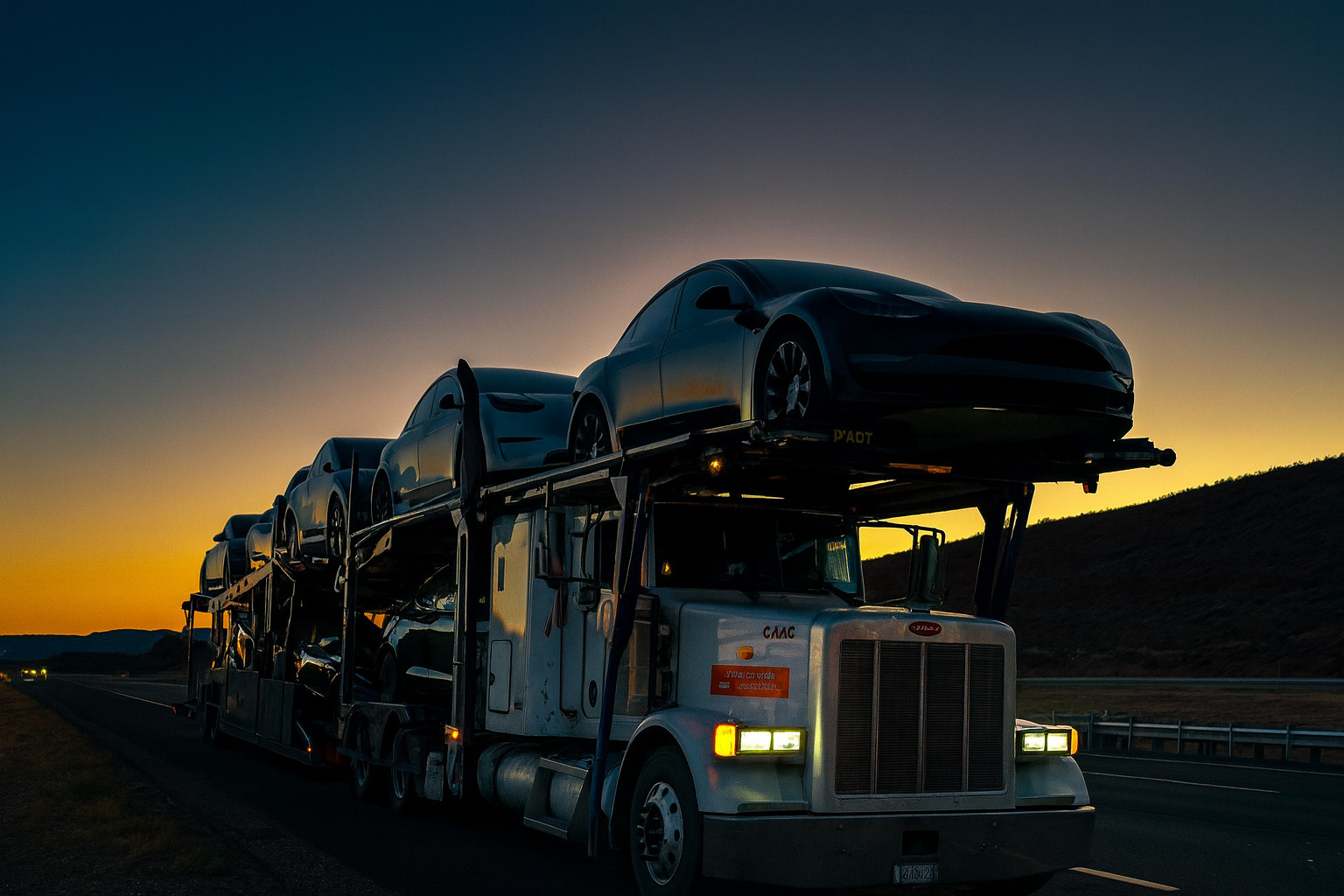Auto transport truck driving through Utah mountains